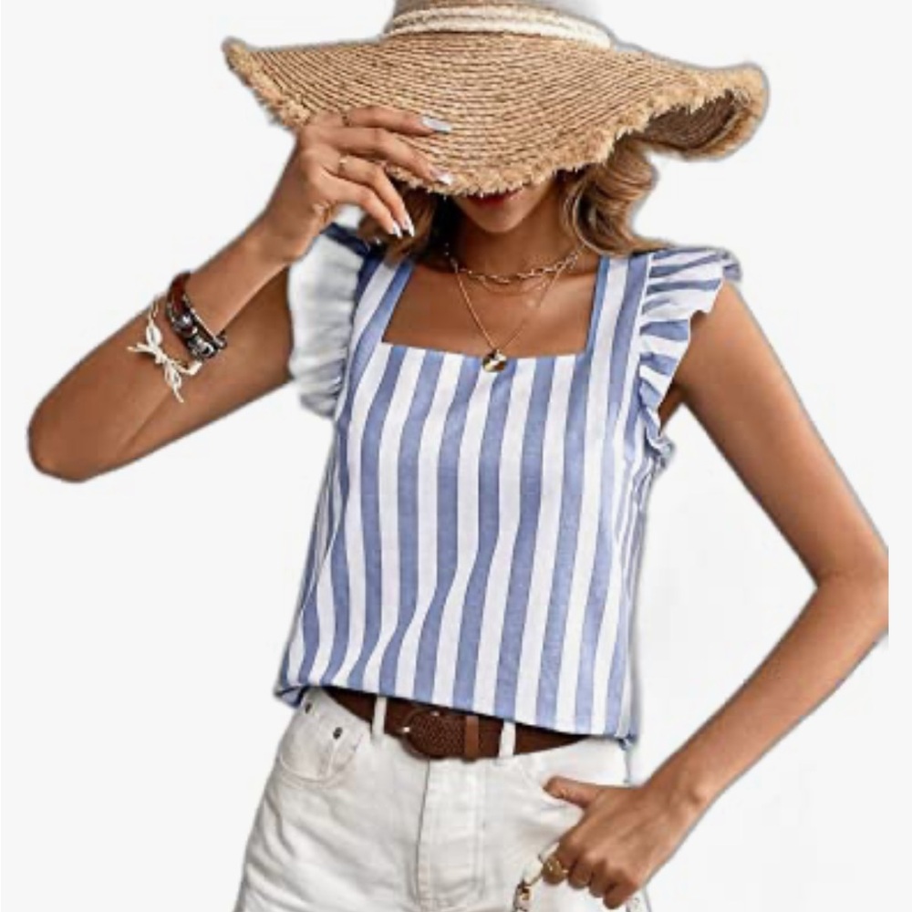 SHEIN Striped Ruffle Sleeve Blouse in Blue and White